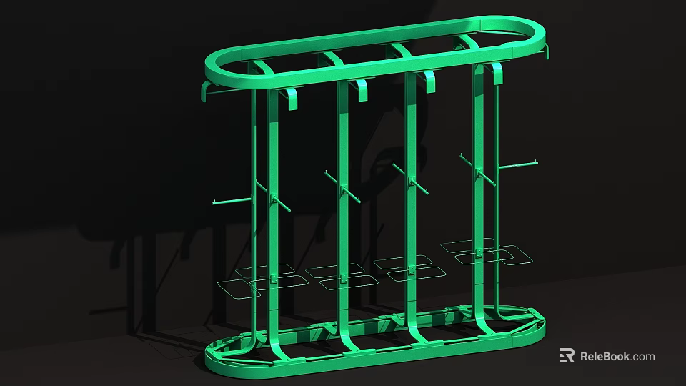 Durable Green Metal Storage Rack With Multiple Hooks And Small Shelves 3d model