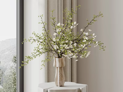 Elegant Vase With White Flowers And Green Branches On White Table By Window With Curtain 3d model