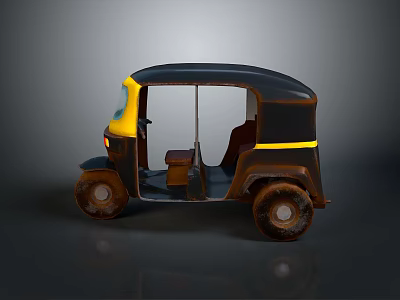 Vintage Black And Yellow Auto Rickshaw With Open Door Design And Worn Wheels 3d model