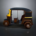Vintage Black And Yellow Auto Rickshaw With Open Door Design And Worn Wheels
