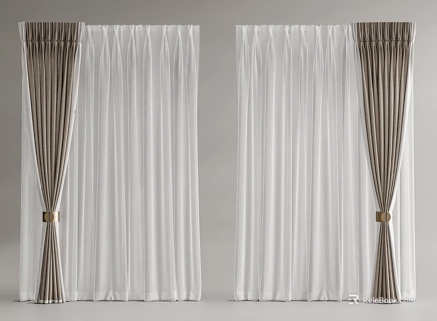 Elegant Modern White And Brown Layered Curtains With Striped Panels And Gold Tiebacks 3d model 