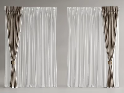 Elegant Modern White And Brown Layered Curtains With Striped Panels And Gold Tiebacks 3d model