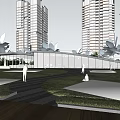 Modern Urban Outdoor Space With Tall Buildings Green Lawn Wooden Walkway And Palm Trees