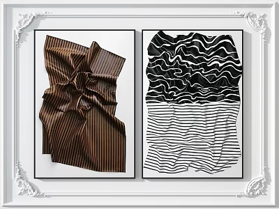Abstract Wall Art With Brown Striped And Black White Wavy Patterns In White Frames 3d model