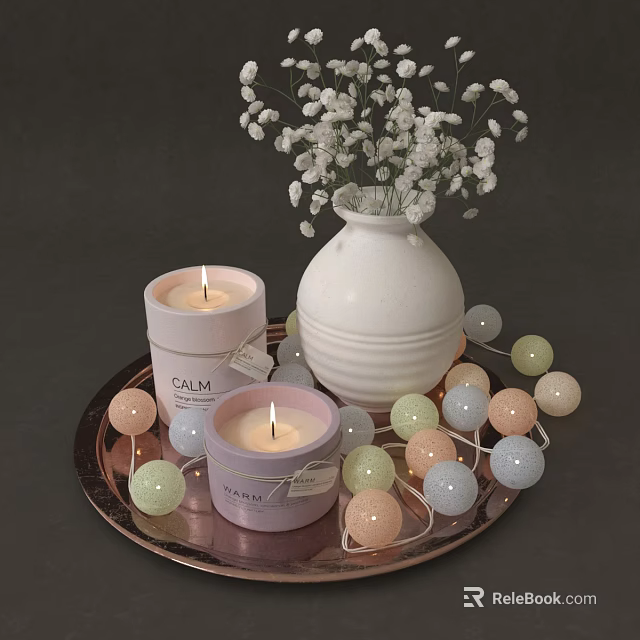 Decorative Ornament Set with Candles Vase White Flowers Colored Light Balls on Tray 3d model 