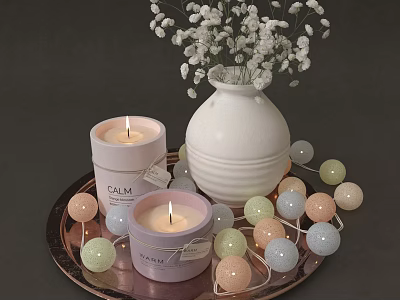 Decorative Ornament Set with Candles Vase White Flowers Colored Light Balls on Tray 3d model