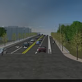 Modern Urban Bridge with Cars Driving on Road Lanes Alongside Trees and Streetlights