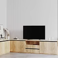 Modern Light Wood TV Stand With Flat Screen TV Storage Drawers And Potted Plant