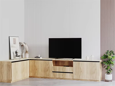Modern Light Wood TV Stand With Flat Screen TV Storage Drawers And Potted Plant 3d model