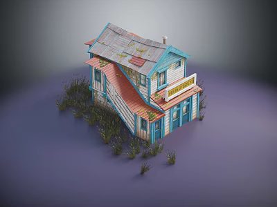 Rustic Wooden House With Worn Metal Roof Blue Red Exterior Signboard And Surrounding Weeds 3d model