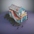 Rustic Wooden House With Worn Metal Roof Blue Red Exterior Signboard And Surrounding Weeds