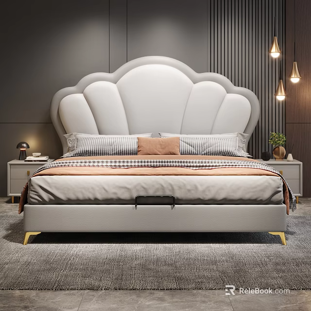Modern Bedroom Interior With White Shell Shaped Headboard Golden Legs Striped Pillows And Nightstands 3d model 