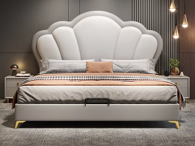 Modern Bedroom Interior With White Shell Shaped Headboard Golden Legs Striped Pillows And Nightstands 3d model