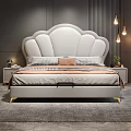Modern Bedroom Interior With White Shell Shaped Headboard Golden Legs Striped Pillows And Nightstands