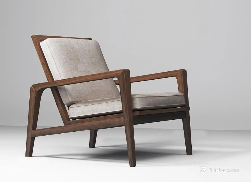 Modern Minimalist Leisure Chair With Dark Brown Wooden Frame And Beige Fabric Cushion 3d model 