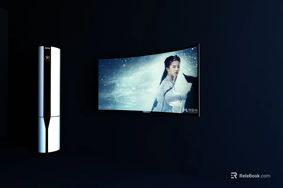 Curved Modern TV Displaying Vivid Image in Dark Room Setting 3d model 