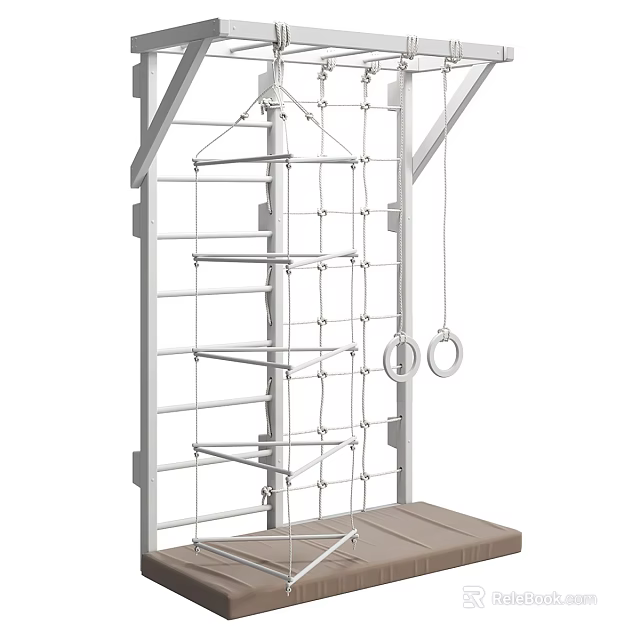 Outdoor Kids Playground Equipment With Climbing Net Ladder Hanging Rings And Wooden Platform 3d model 