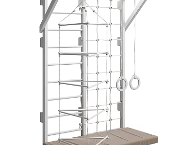 Outdoor Kids Playground Equipment With Climbing Net Ladder Hanging Rings And Wooden Platform 3d model