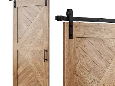 Wooden Sliding Door With Herringbone Pattern And Black Hardware For Modern Interior 3d model