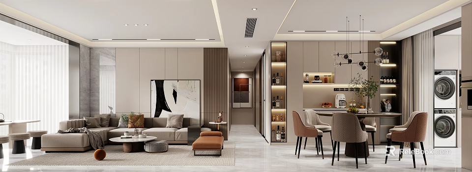 Modern Living and Dining Room Interior With Sofa Dining Table Chairs Wall Art And Cabinets 3d model 