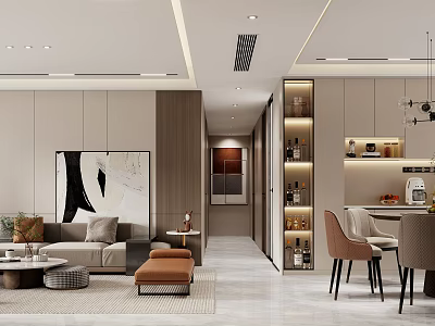 Modern Living and Dining Room Interior With Sofa Dining Table Chairs Wall Art And Cabinets 3d model