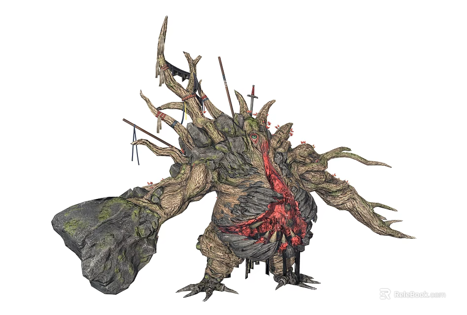 Gnarled Tree Root Creature With Spiky Branches And Bloody Red Core Details 3d model