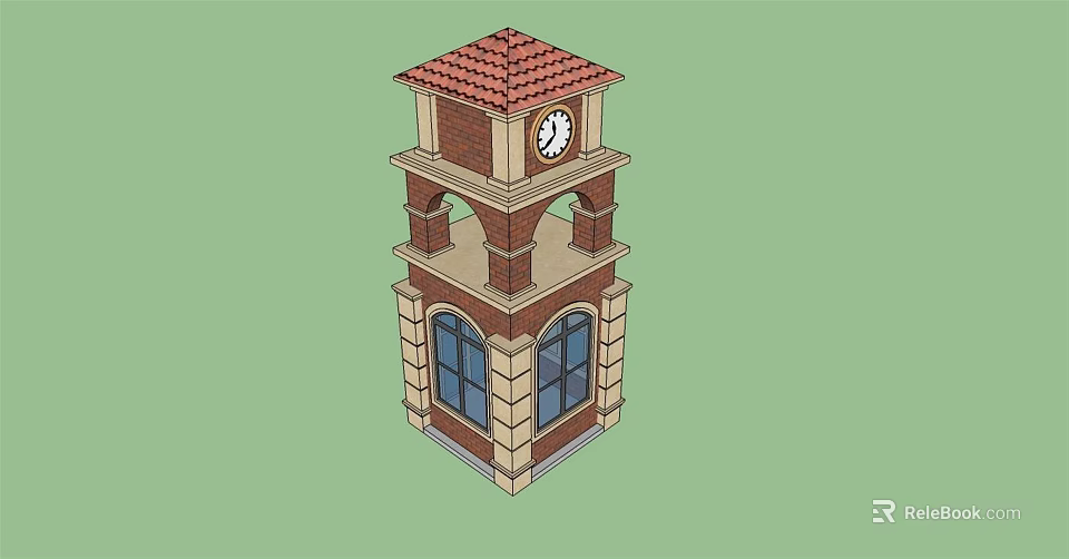 Red Brick Tower With Red Tile Roof Clock Arched Windows And Stone Base 3d model 