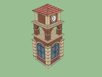 Red Brick Tower With Red Tile Roof Clock Arched Windows And Stone Base 3d model
