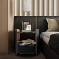 Modern Leather Wood Nightstand Design With Photo Frames Books And Bedside Decor