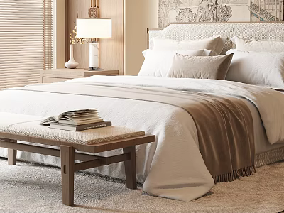 Cozy Double Bed Bedroom Interior With White Bedspread Pillows Wooden Bench Nightstand Lamp And Rug 3d model