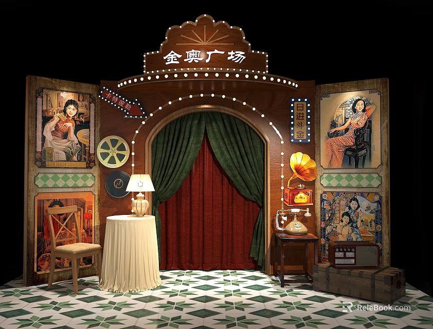 Live Stream Room in Jinsu Square with Vintage Oil Paintings Green Curtains Checkered Floor 3d model 