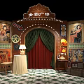 Live Stream Room in Jinsu Square with Vintage Oil Paintings Green Curtains Checkered Floor