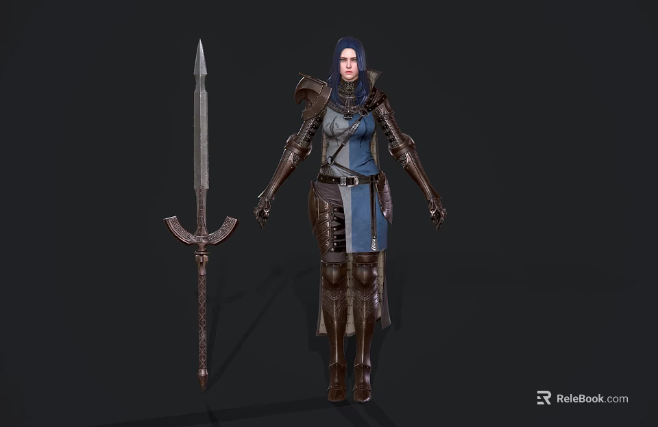 Medieval Female Character In Blue And Brown Armor With Long Spear Weapon 3d model 