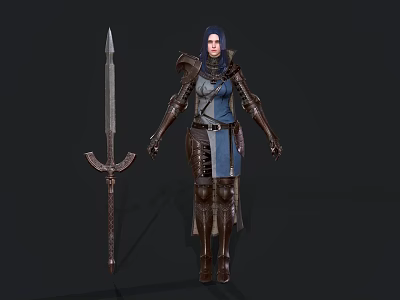 Medieval Female Character In Blue And Brown Armor With Long Spear Weapon 3d model