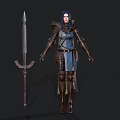 Medieval Female Character In Blue And Brown Armor With Long Spear Weapon
