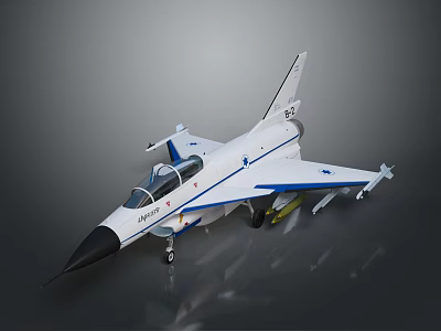 Fighter Jet Model With Blue Stripes And Missiles On Gray Background 3d model