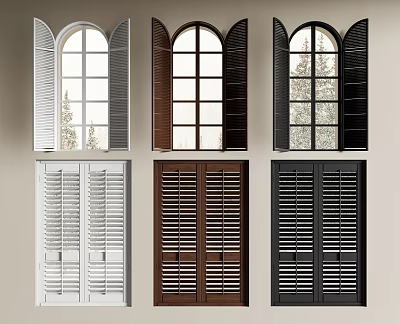 Different Designs Of Window Shutters In White Brown And Black For Arched And Standard Windows 3d model