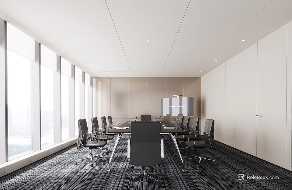 Modern Conference Room Interior With Large Windows Long Table And Black Chairs 3d model