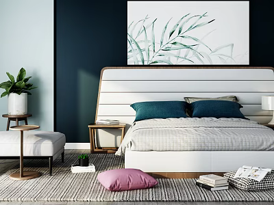 Background Double Bed Cozy Bedroom Design With White Headboard Green Leaf Art And Potted Plant 3d model