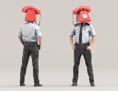 Man with red telephone receiver on head wearing shirt and tie front and back view 3d model