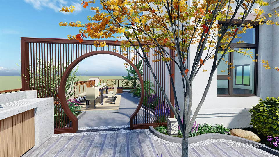 Courtyard Garden with Arched Wooden Gate Autumn Leafy Tree Outdoor Seating and Stone Paved Ground 3d model 