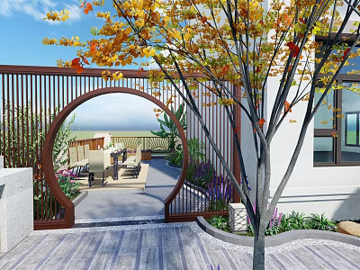 Courtyard Garden with Arched Wooden Gate Autumn Leafy Tree Outdoor Seating and Stone Paved Ground 3d model