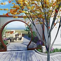 Courtyard Garden with Arched Wooden Gate Autumn Leafy Tree Outdoor Seating and Stone Paved Ground