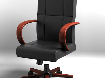 High Back Black Leather Office Chair With Brown Wooden Armrests And Rolling Base 3d model