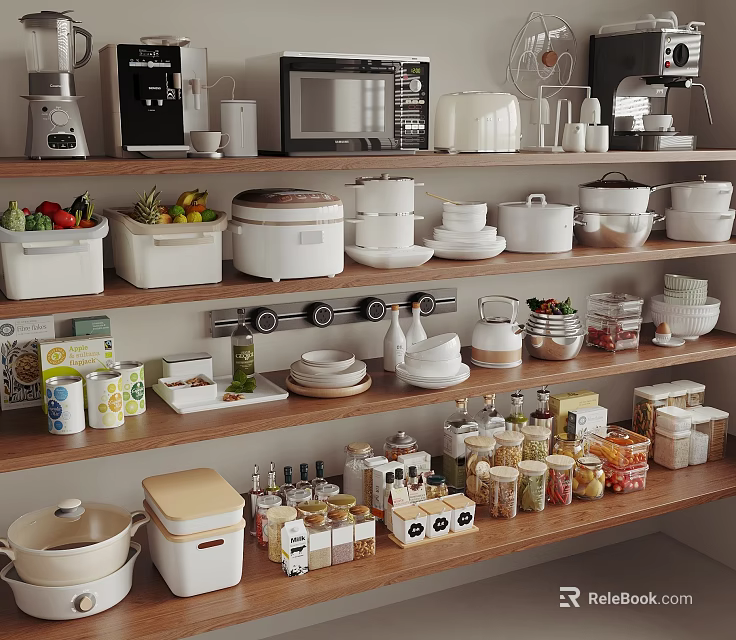 Organized Kitchen Shelves Featuring Complete Dinnerware Set Dishes Bowls And Storage Containers 3d model 