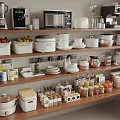 Organized Kitchen Shelves Featuring Complete Dinnerware Set Dishes Bowls And Storage Containers