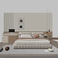 Modern Bedroom Double Bed With Upholstered Headboard Soft Bedding Desk Chair And Wall Art