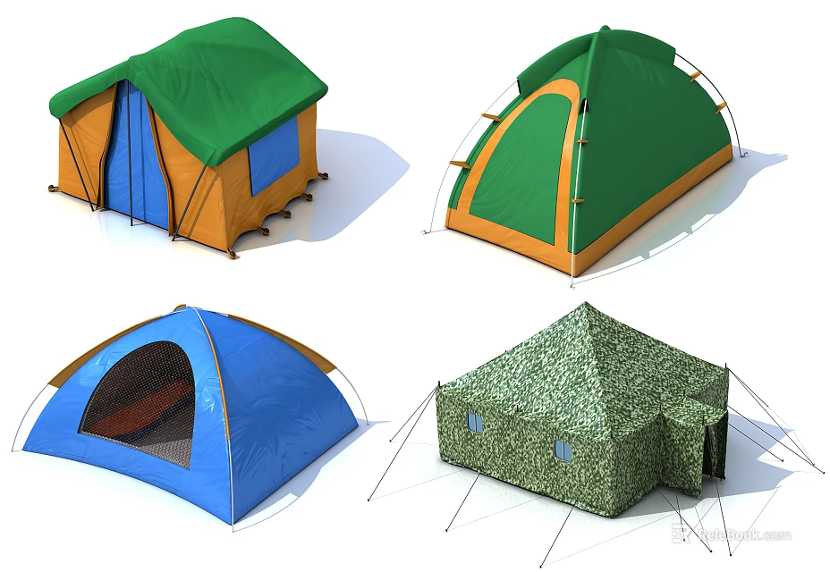 Various Camping Tents With Dome Cabin Styles And Camouflage Blue Green Orange Colors 3d model 