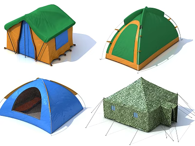 Various Camping Tents With Dome Cabin Styles And Camouflage Blue Green Orange Colors 3d model