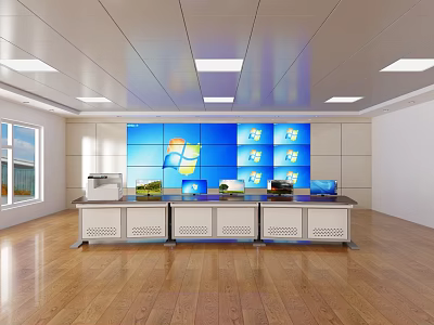 Modern Monitoring Room Interior Featuring Multiple Blue Monitor Screens And Control Desks 3d model